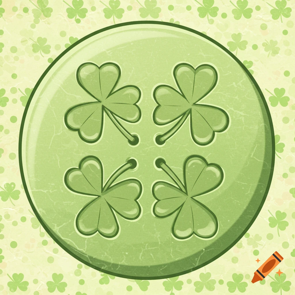 A green cartoon button with four shamrock-shaped sew-through holes, on a light green background with faint shamrock patterns.