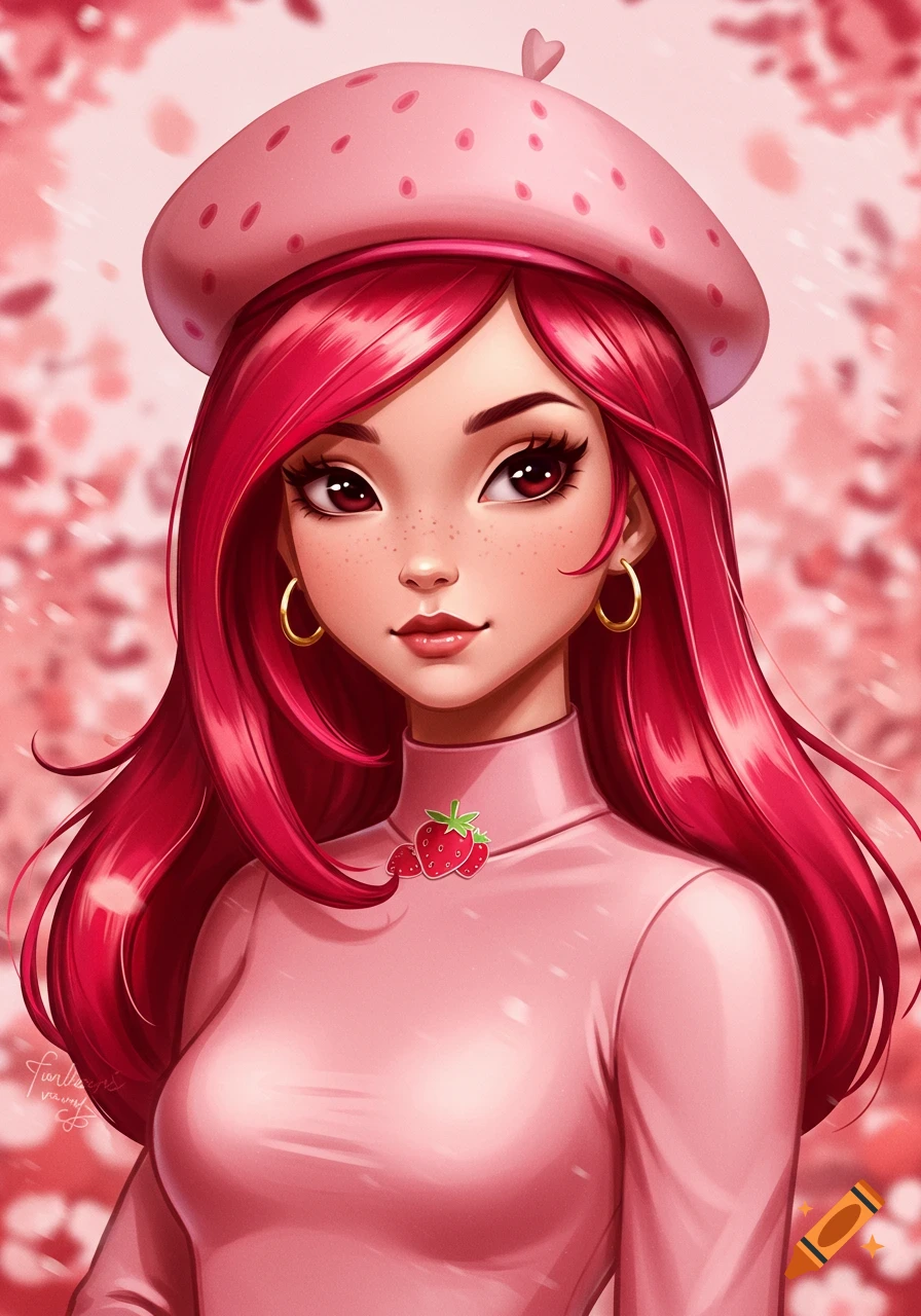Close-up of a cartoon girl with long red hair, wearing a pink beret and turtleneck with a strawberry pin, against a blurry pink floral background.