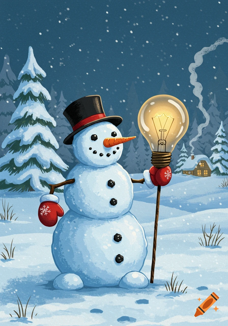 A cartoon illustration of a snowman wearing a top hat and mittens, holding a glowing lightbulb in a snowy winter forest scene with a distant cabin.