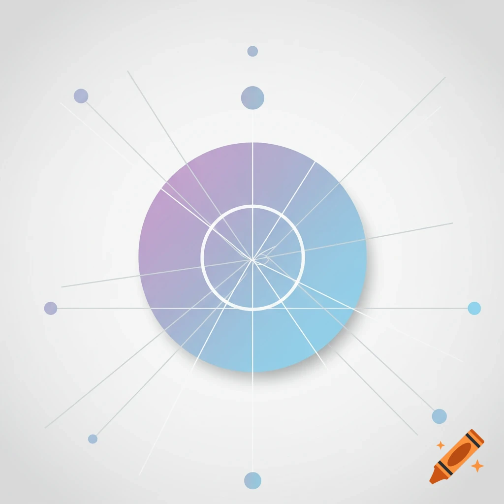 An abstract geometric design with a large purple and blue gradient circle at the center, radiating lines, and smaller circles on a light grey background.