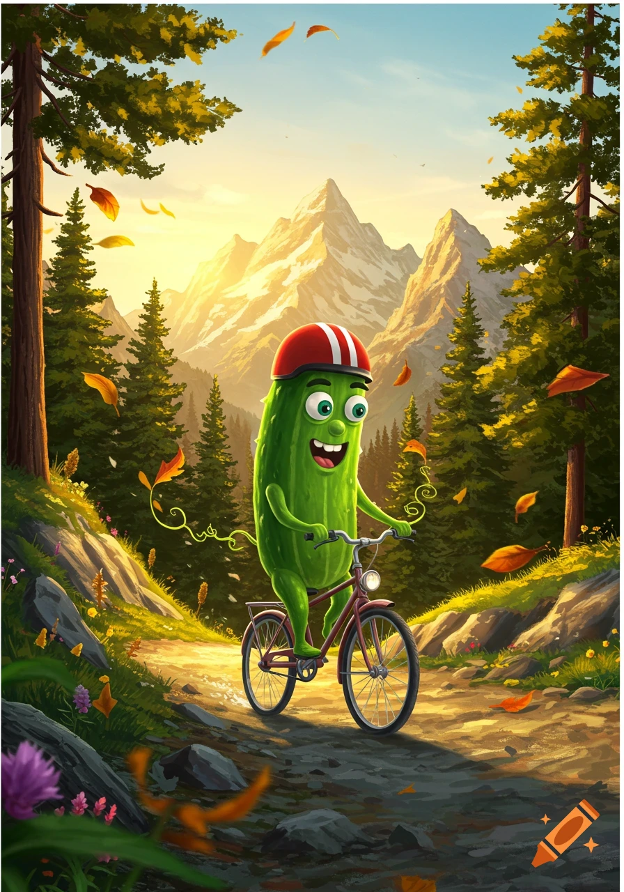 A happy cartoon cucumber wearing a red helmet rides a bicycle down a mountain path, surrounded by pine trees and falling leaves under a sunny sky.