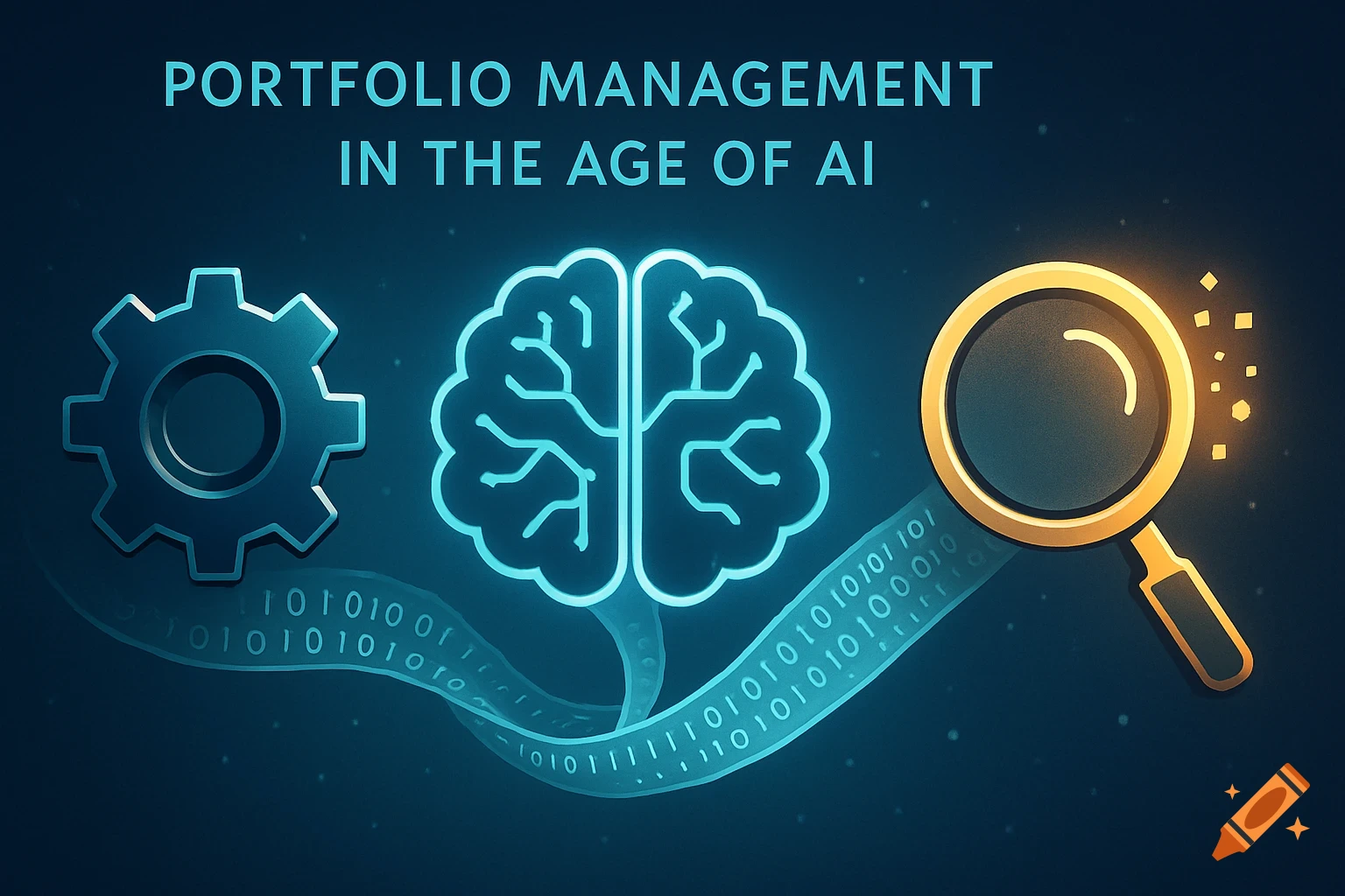 A dark blue illustration with a gear, glowing brain, and glowing magnifying glass, connected by binary code. Text reads 'PORTFOLIO MANAGEMENT IN THE AGE OF AI'.