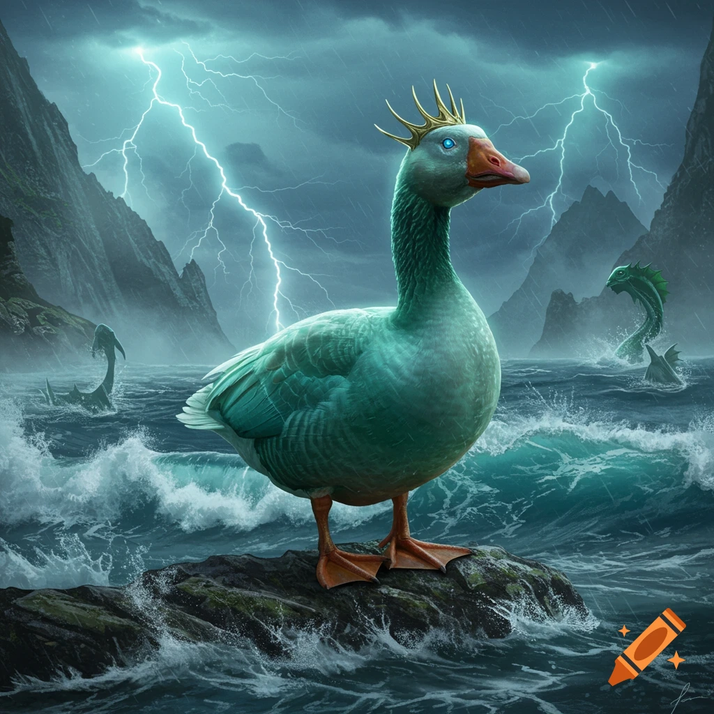 A teal goose with a golden crown stands on a rock in a stormy sea with lightning, jagged mountains, and sea monsters.