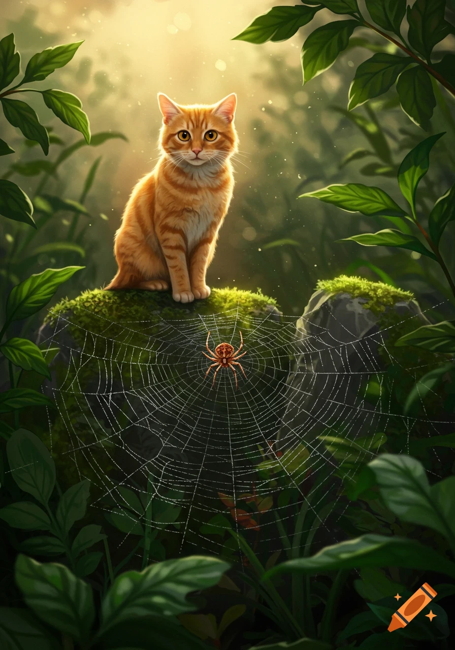 An orange cat sits on a mossy rock, looking at a spider on a dew-covered web in a lush, sunlit forest.