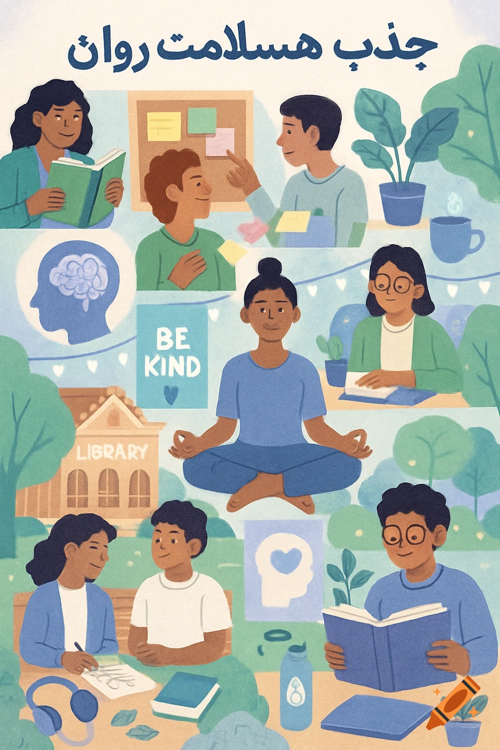 Digital illustration of diverse students on a campus engaging in mental health and educational activities, with 'جذب هسلامت روان' and 'BE KIND' text.