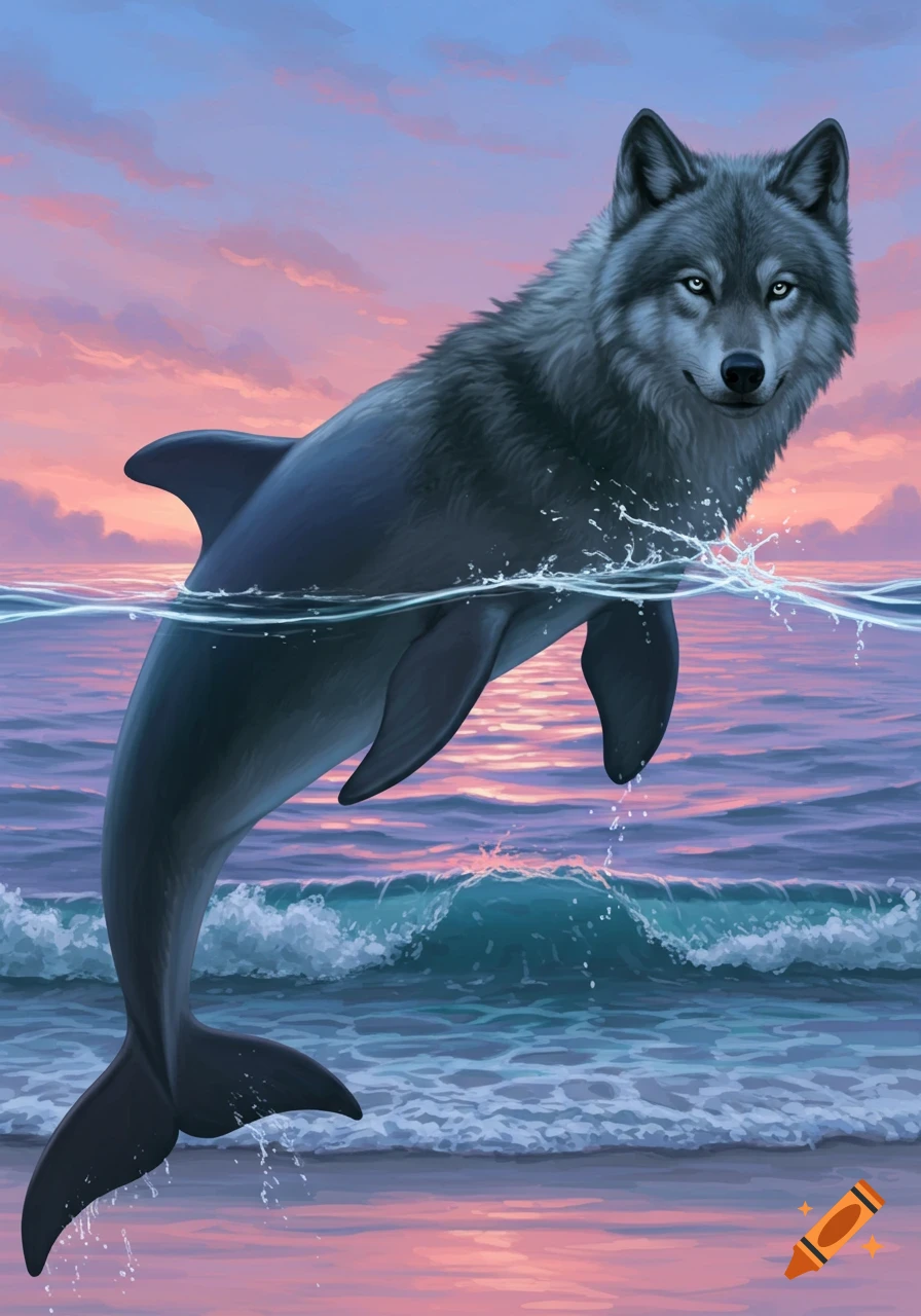 A hybrid wolf and dolphin creature emerges from the calm ocean water during a pink and purple sunset, looking directly forward.