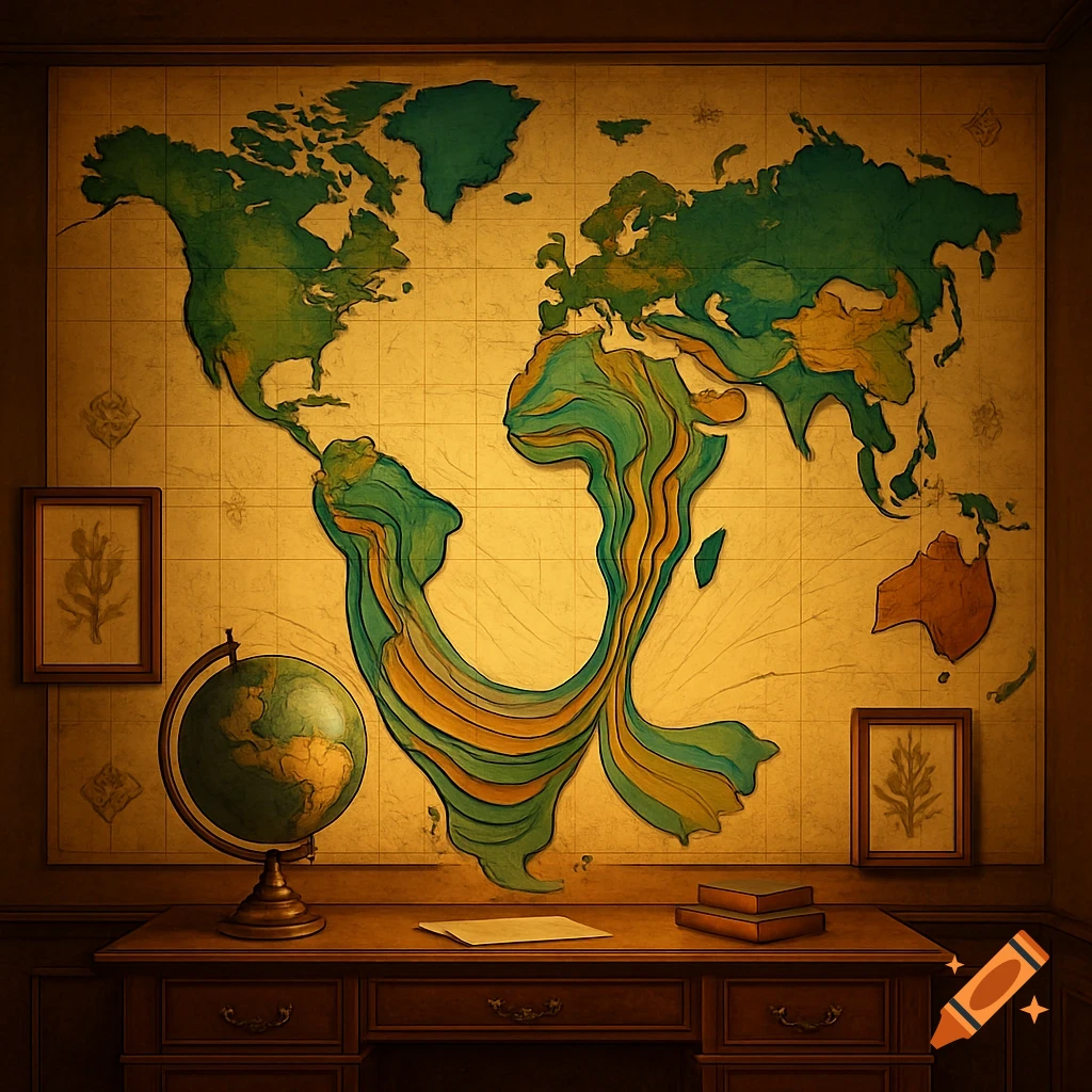 A stylized, distorted world map hangs above a wooden desk with a globe and books, in a vintage-style room.