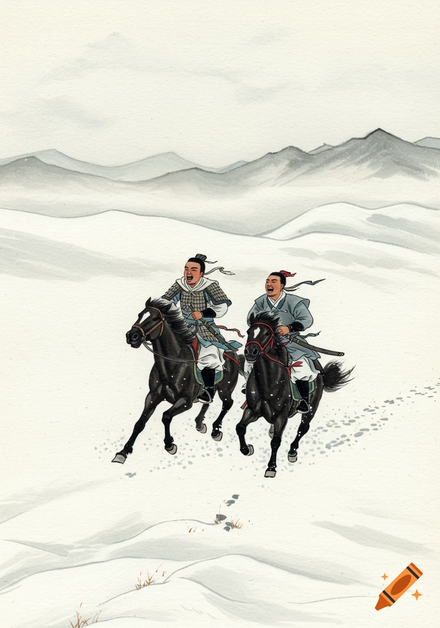 Two ancient Chinese generals on black horses race through a snowy mountain landscape, depicted in shanshui ink painting style.
