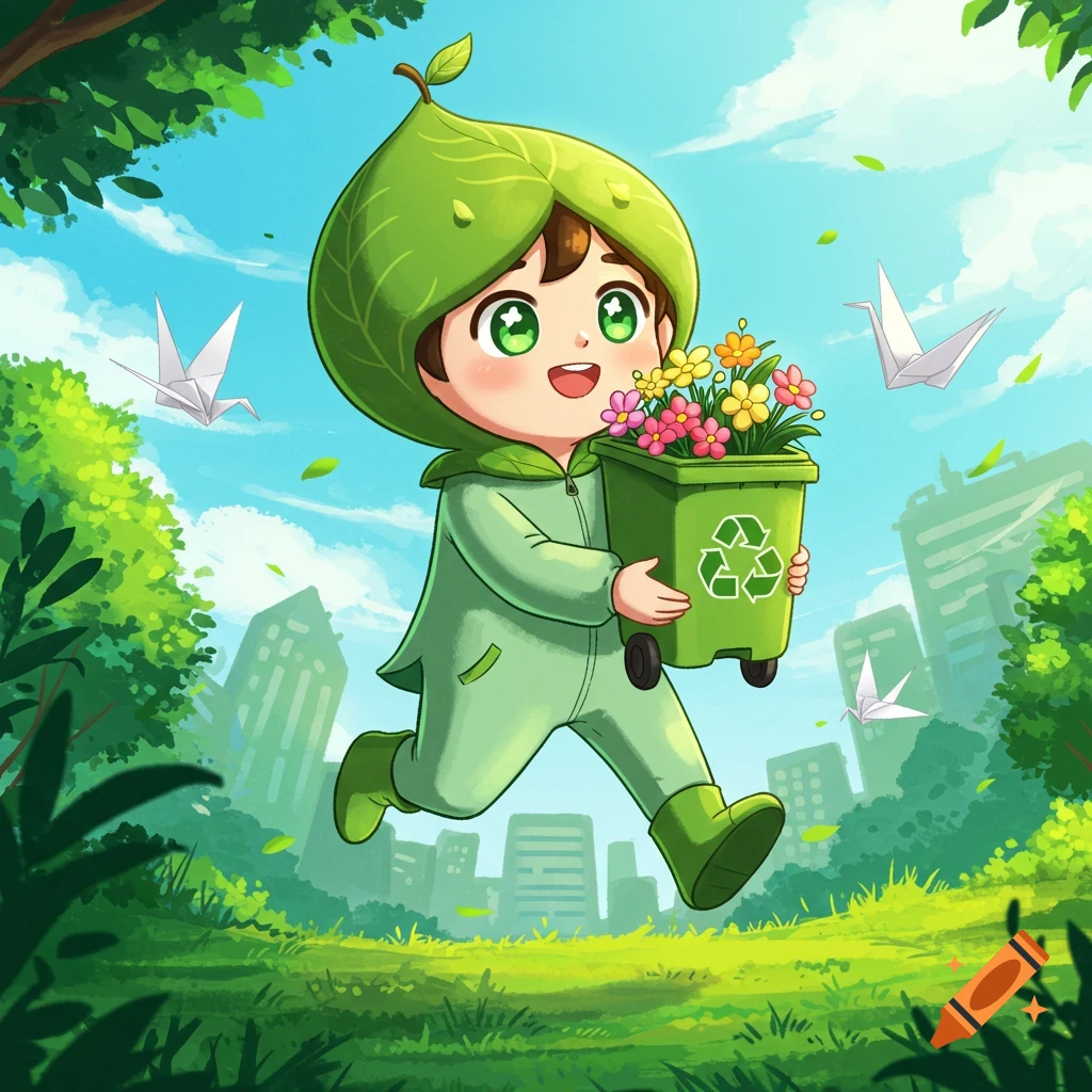 A cheerful cartoon child in a green leaf costume runs through a vibrant park, carrying a recycling bin of colorful flowers.