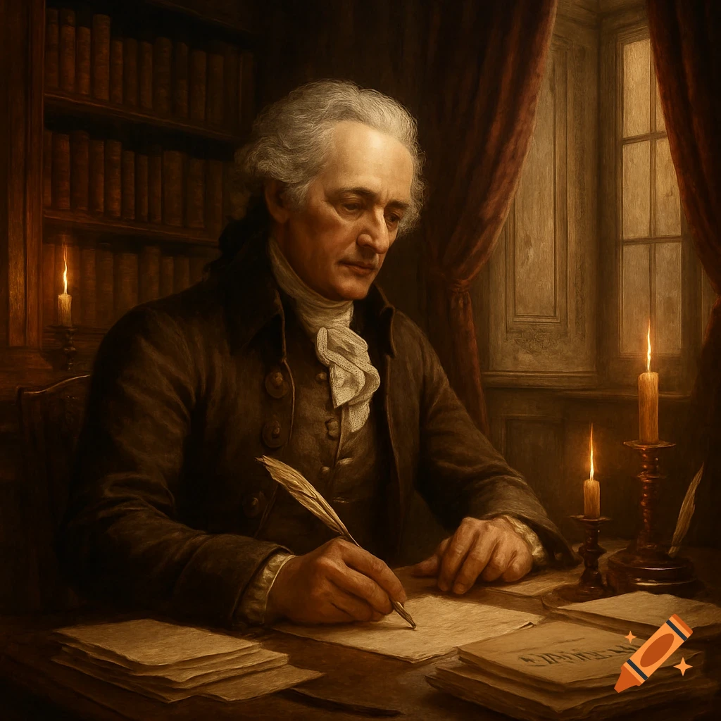 A man with white hair, dressed in classical attire, writes with a quill at a candlelit desk in a dark study.