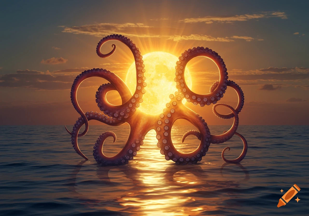 An octopus with glowing tentacles embracing a brilliant sun setting over the ocean, reflecting on the water.