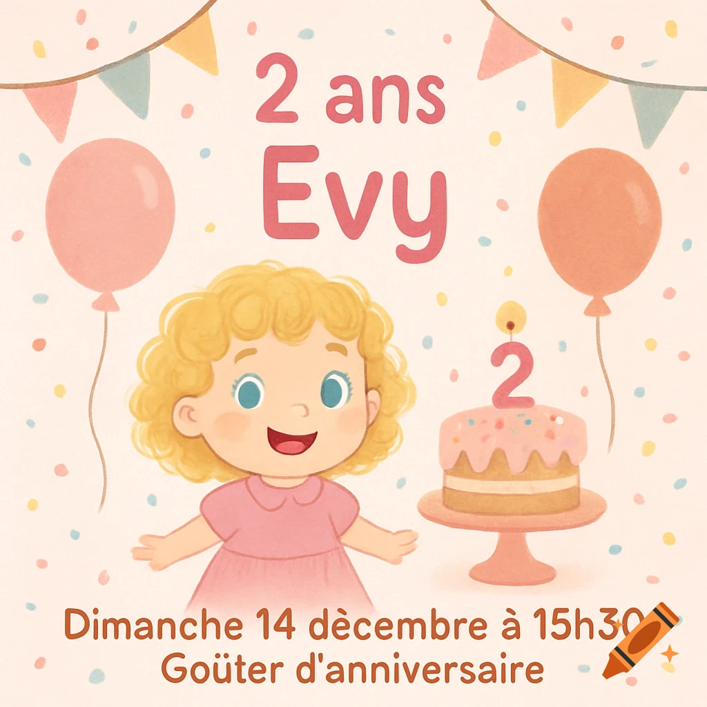 A pastel birthday invitation for 2-year-old Evy, featuring a smiling cartoon girl, balloons, cake, and confetti.