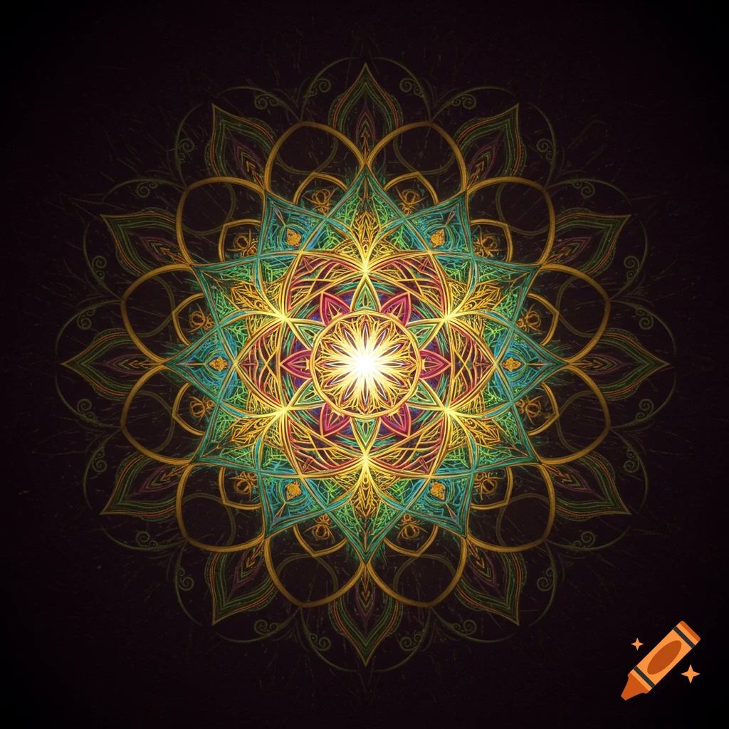 A vibrant, intricate mandala design in gold, teal, pink, and yellow, glowing brightly on a dark background.