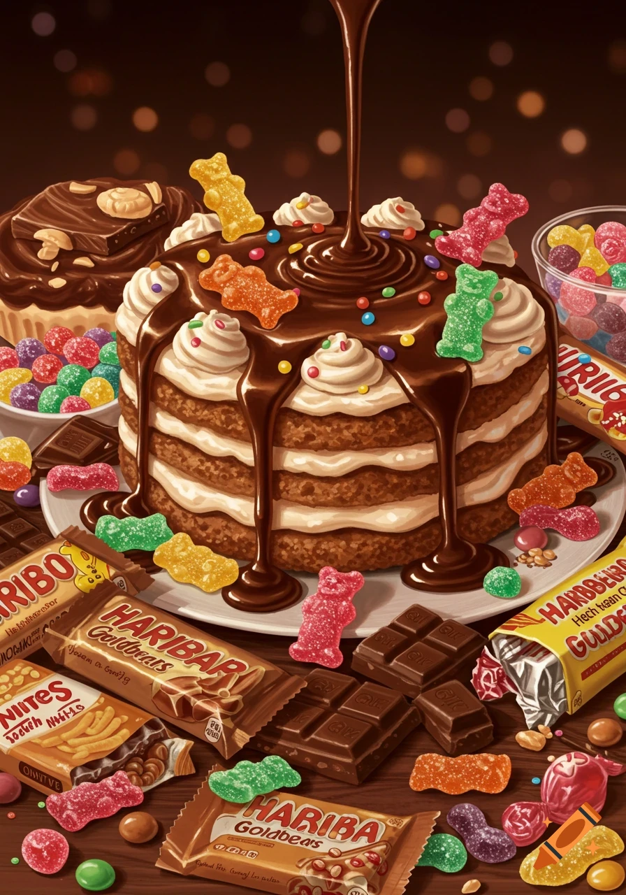 A rich chocolate layer cake covered in pouring chocolate sauce, whipped cream, sprinkles, and gummy bears, surrounded by Haribo Goldbears, candy, and chocolate bars on a dark wooden table.
