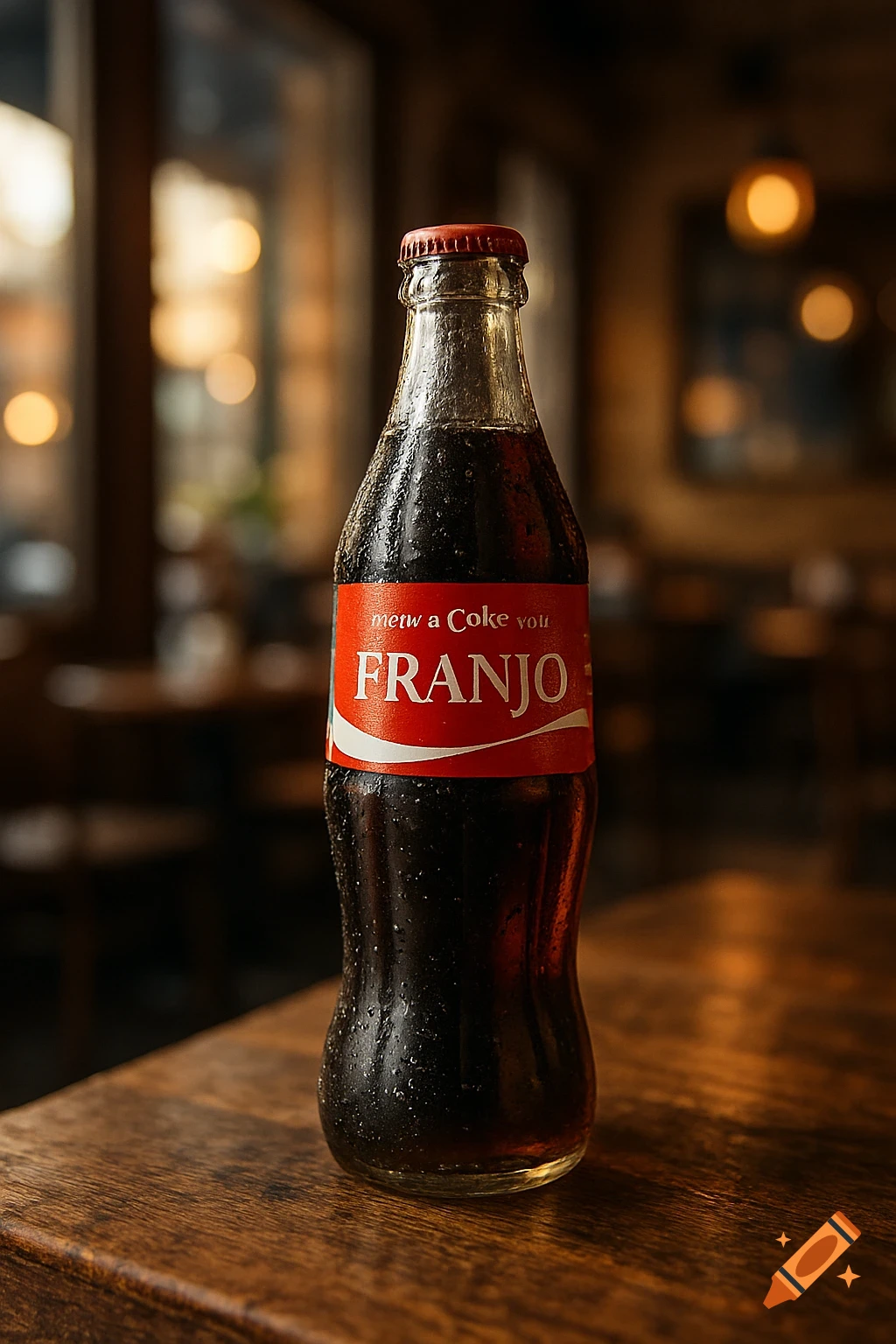 A glass bottle of dark soda with condensation, a red and white label featuring the name 'FRANJO', on a wooden table in a dimly lit restaurant.