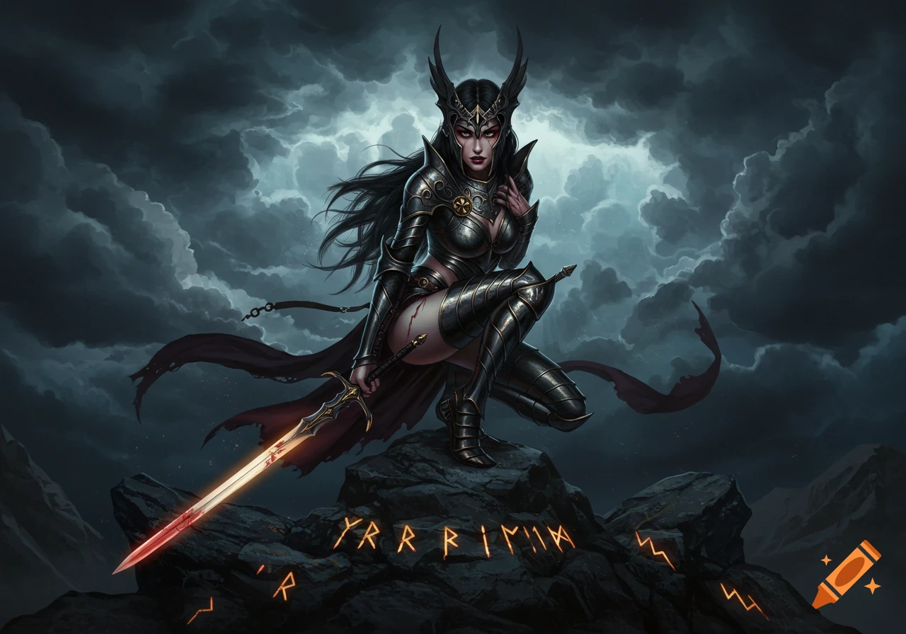A dark fantasy warrior woman in horned helmet and armor squats on rocks, holding a glowing sword under a stormy sky.
