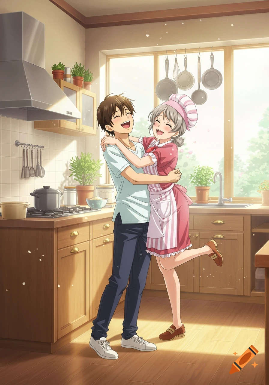 An anime image of a young man and an older woman hugging and smiling in a bright kitchen.