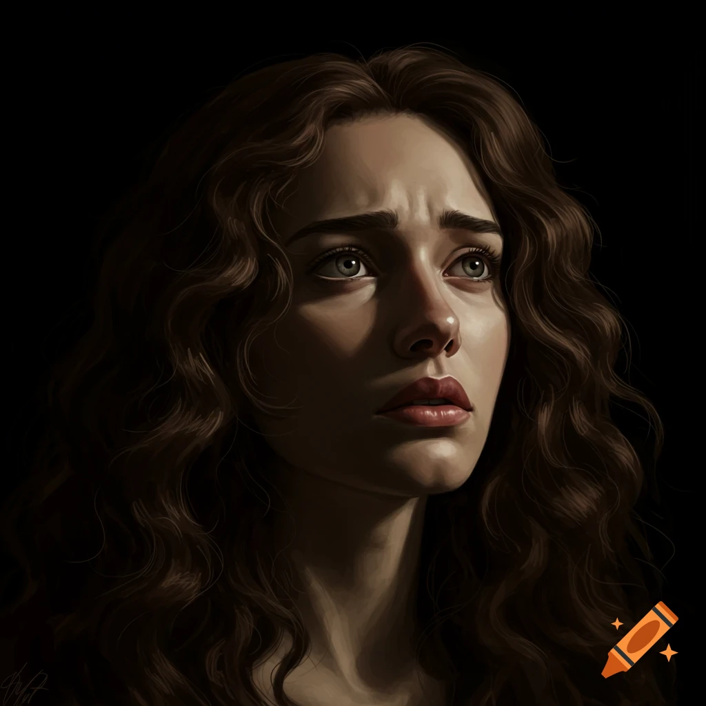 A close-up digital painting of a worried brunette woman looking up, with dark, wavy hair and a dark background.