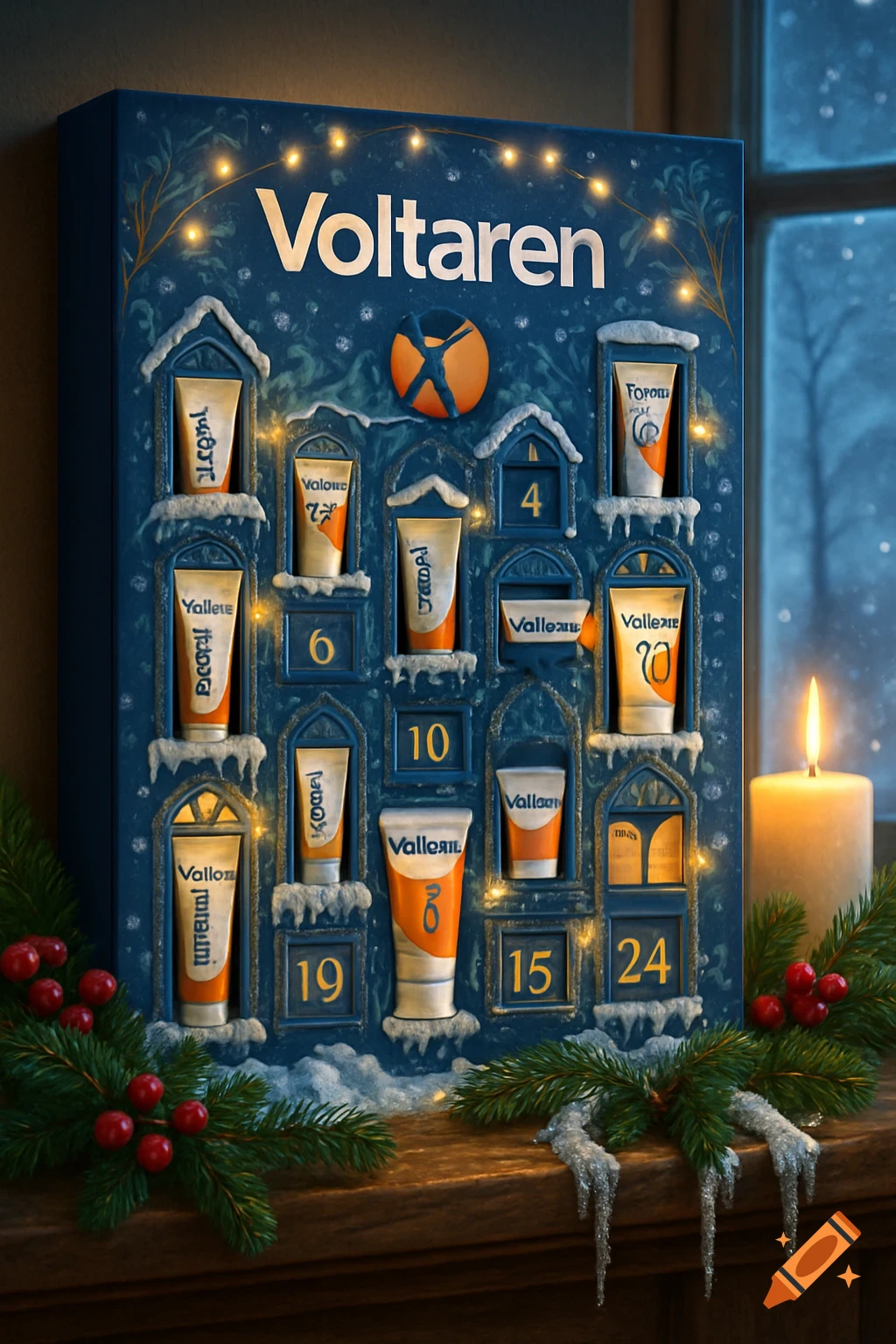 A festive Voltaren advent calendar with a dark blue background and snowy details, featuring small tubes behind numbered doors. A lit candle and pine branches are in the foreground.