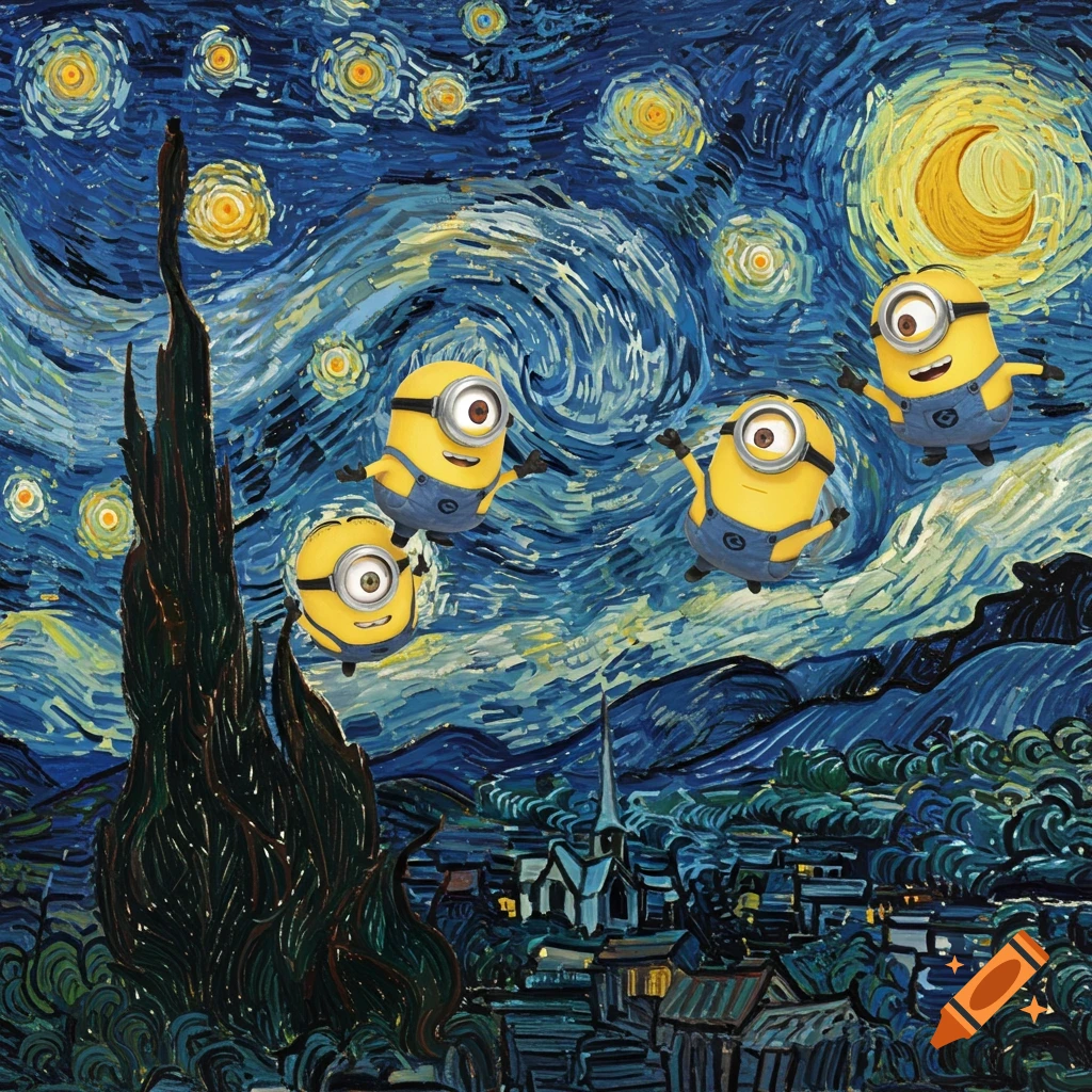 Four Minions floating across a vibrant night sky in the distinct impressionistic style of Van Gogh's Starry Night.