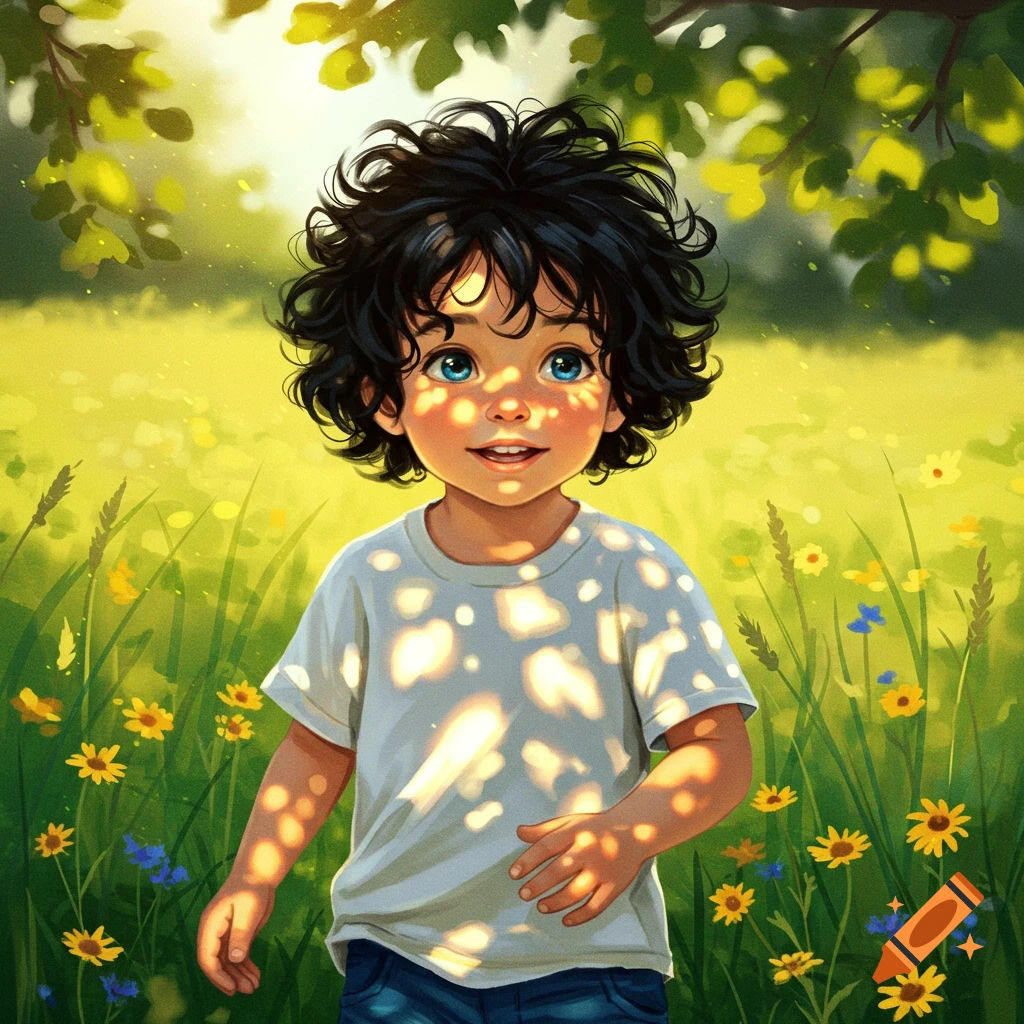 An illustration of a smiling boy with black curly hair and blue eyes in a sunny field of yellow and blue flowers, with dappled light.