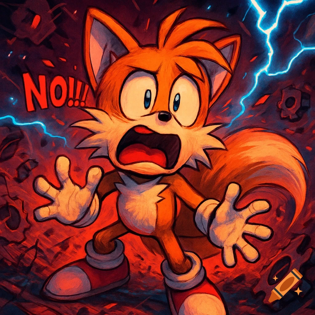 Tails from Sonic looks shocked, hands up, with 'NO!!!' in red text against a chaotic red and blue background with lightning.