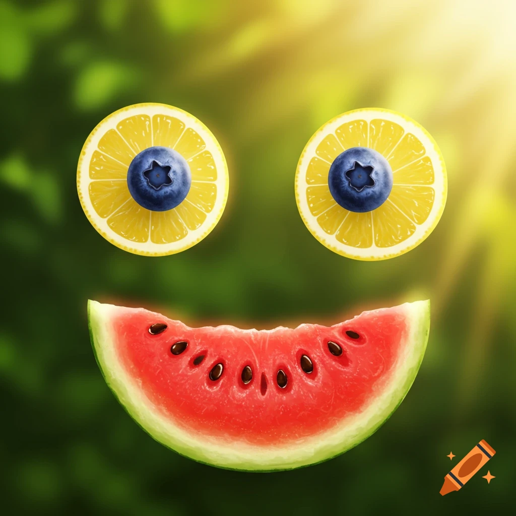 A smiling face made from two lemon slices with blueberries as eyes and a watermelon slice as a mouth, against a sunny, blurred green background.