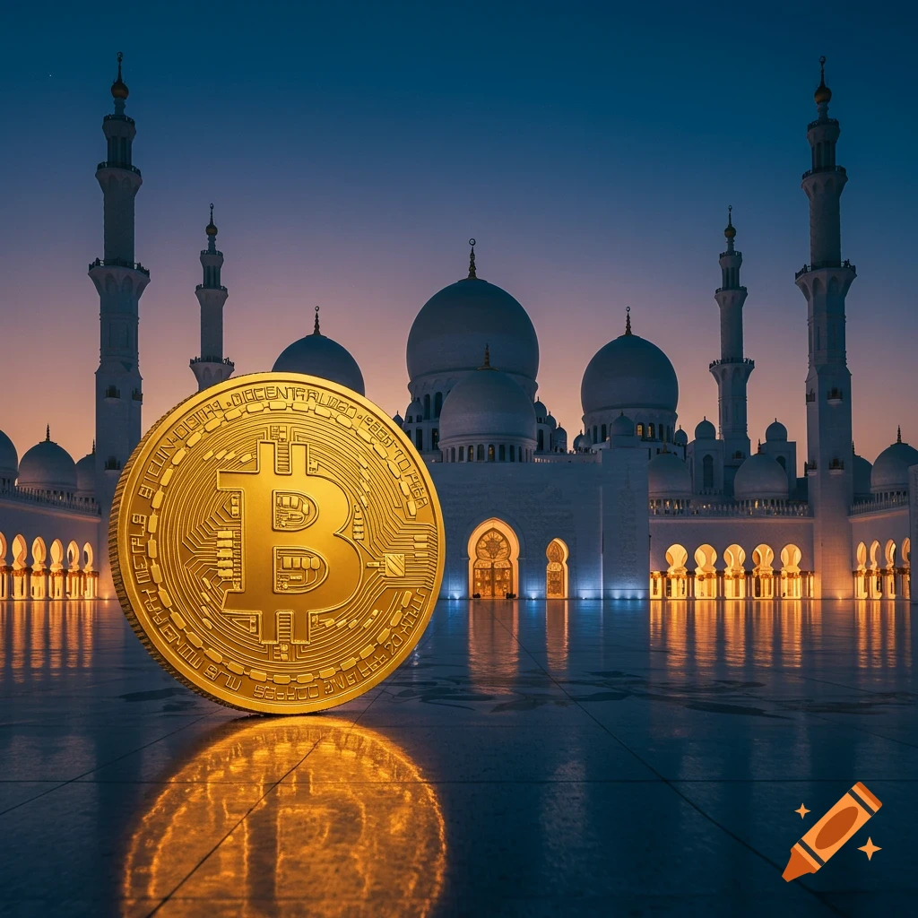 A large golden Bitcoin coin stands on a reflective floor in front of a grand white mosque with multiple domes and minarets at sunset.