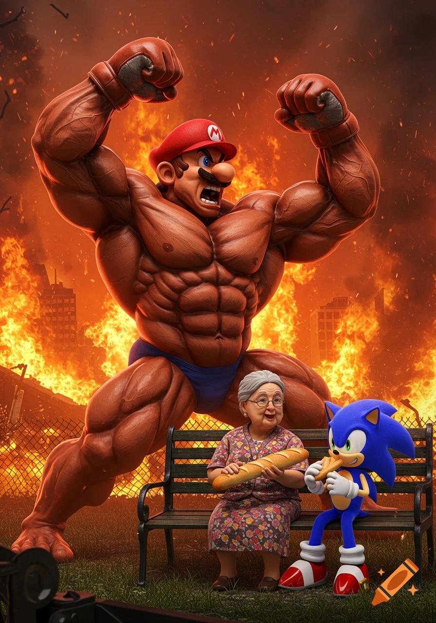 An extremely muscular Mario flexes in a speedo, standing over an old woman and Sonic the Hedgehog who are sitting on a bench eating baguettes, against a backdrop of a burning city in a photorealistic style.