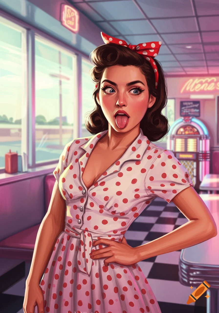 A playful 1950s style woman in a polka dot dress sticks out her tongue in a retro diner illustration.