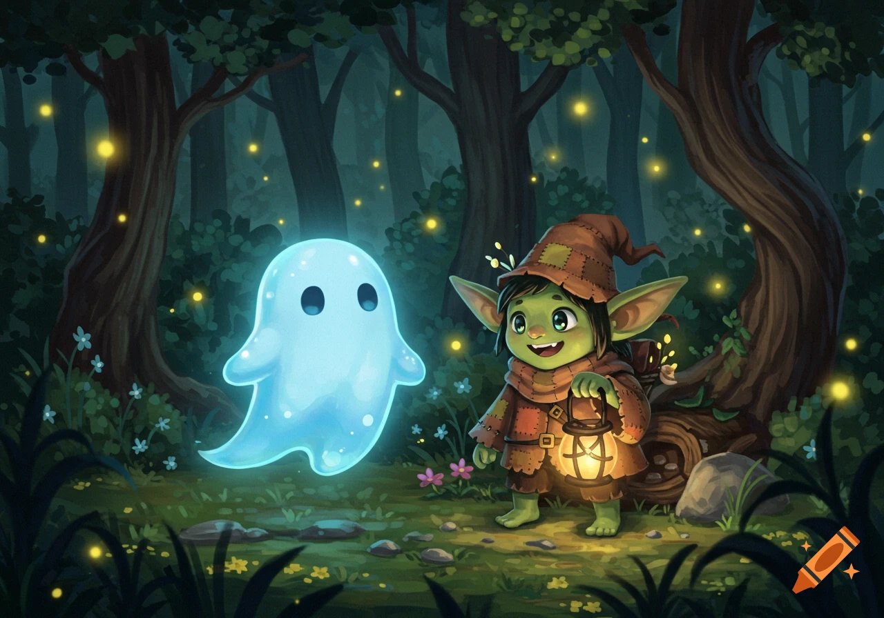 A cute, glowing ghost floats beside a smiling goblin holding a lantern in a magical, dark forest with fireflies.