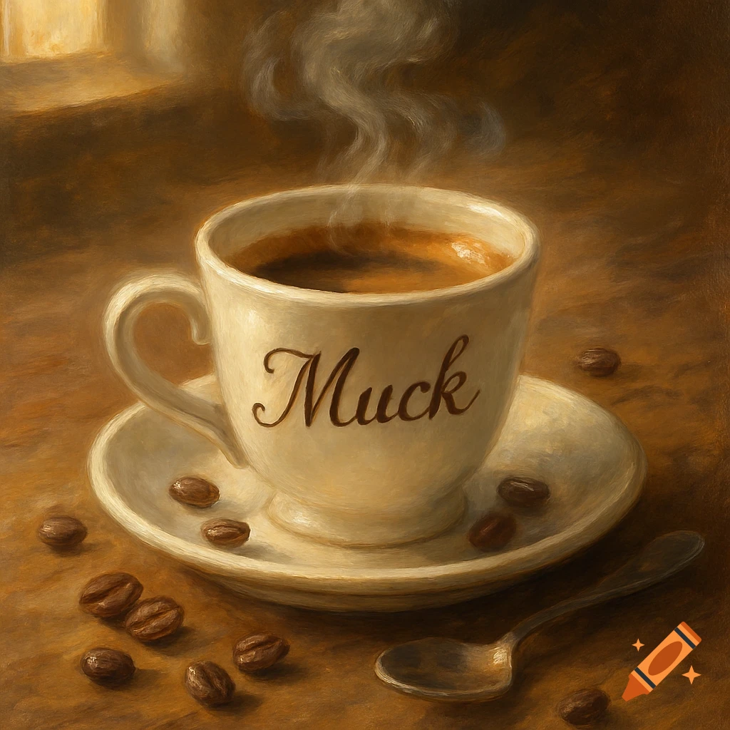 A steaming cup of coffee labeled "Muck" on a saucer with scattered coffee beans and a spoon, in a painterly style.