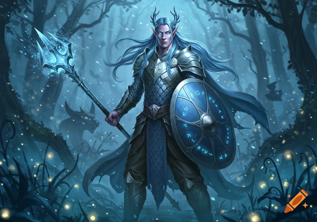 A male elf warrior with long blue hair, glowing eyes, armor, and horned headpiece, holding a glowing trident and a runic shield in a mystical, dark forest.