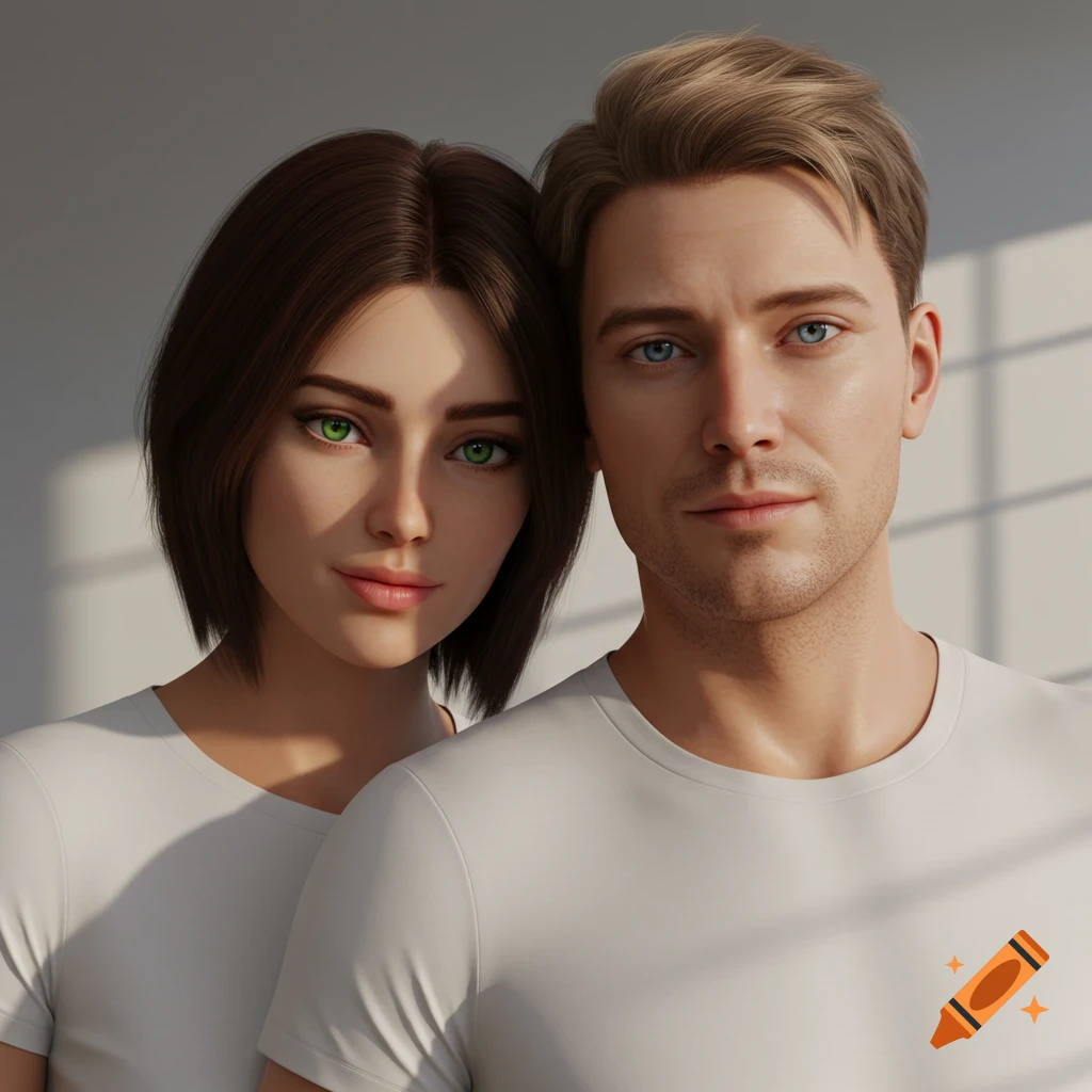 A photorealistic portrait of a woman with short dark hair and green eyes, and a man with short blond hair and blue eyes, both wearing white t-shirts, standing close together against a white background.