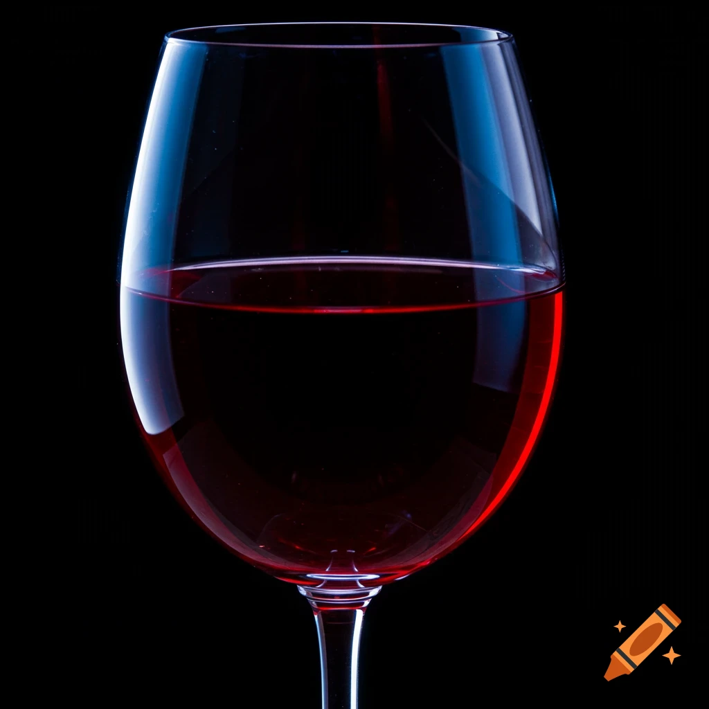 Close-up of a wine glass with red wine, showcasing strong blue and red light reflections on a black background.
