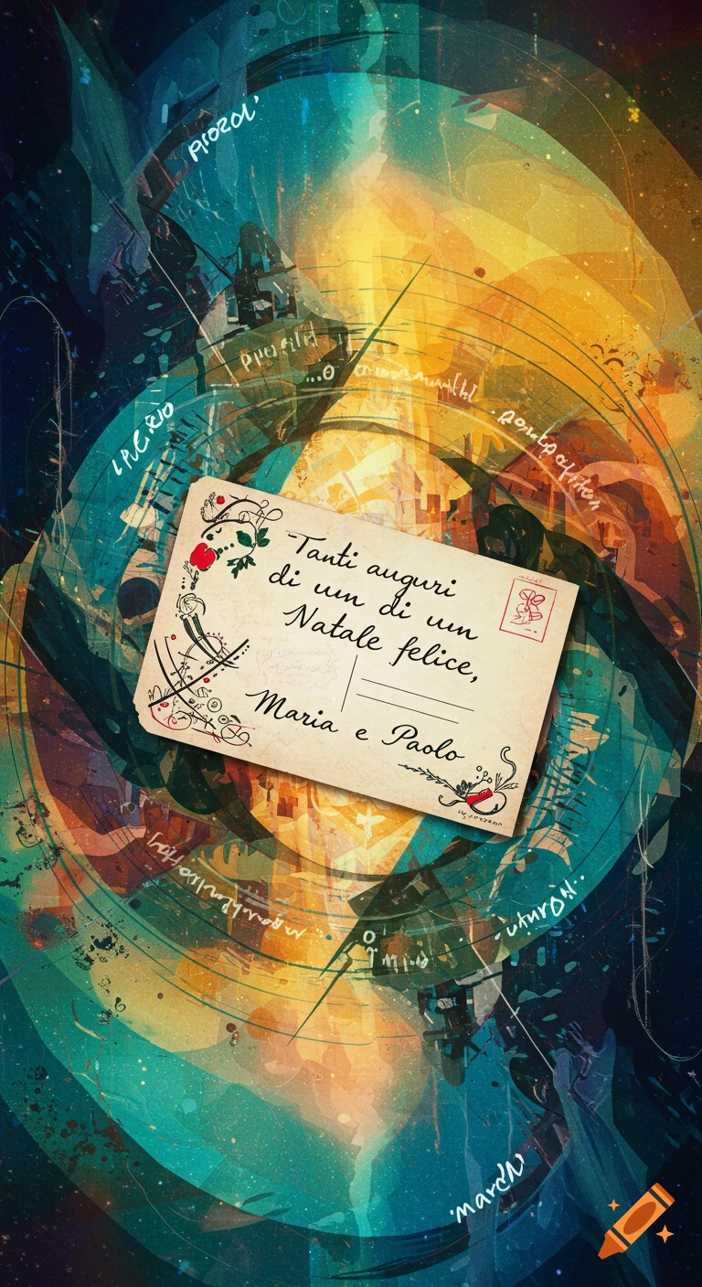 A vintage-style postcard with handwritten Italian text, 'Tanti auguri di un Natale felice, Maria e Paolo', on an abstract, colorful background in Kandinsky style.
