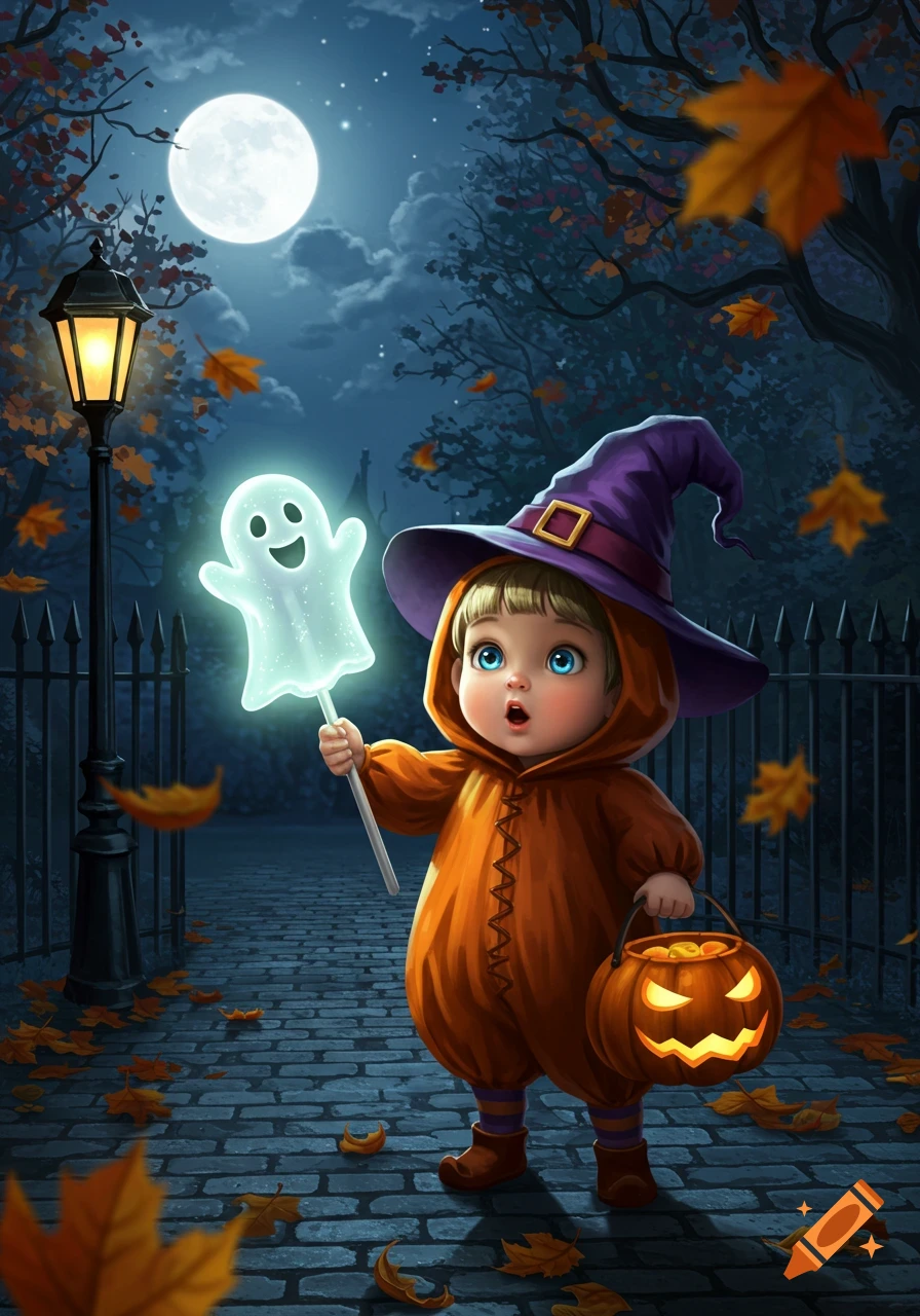 A cute child in a pumpkin-orange jumpsuit and witch hat holds a glowing ghost lollipop and a jack-o'-lantern bucket under a full moon on Halloween night.