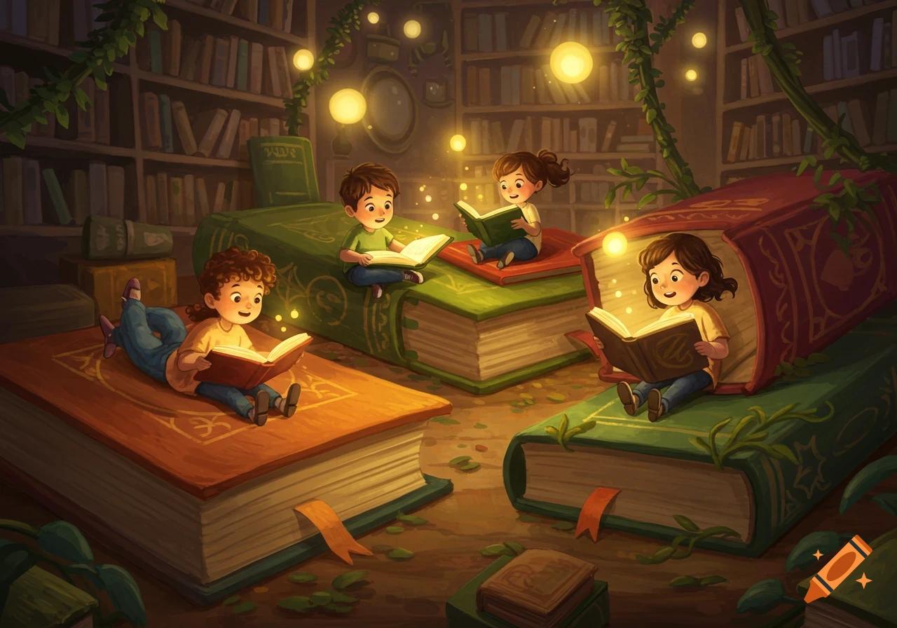 Whimsical illustration of four smiling children reading books on giant enchanted books in a magical library.