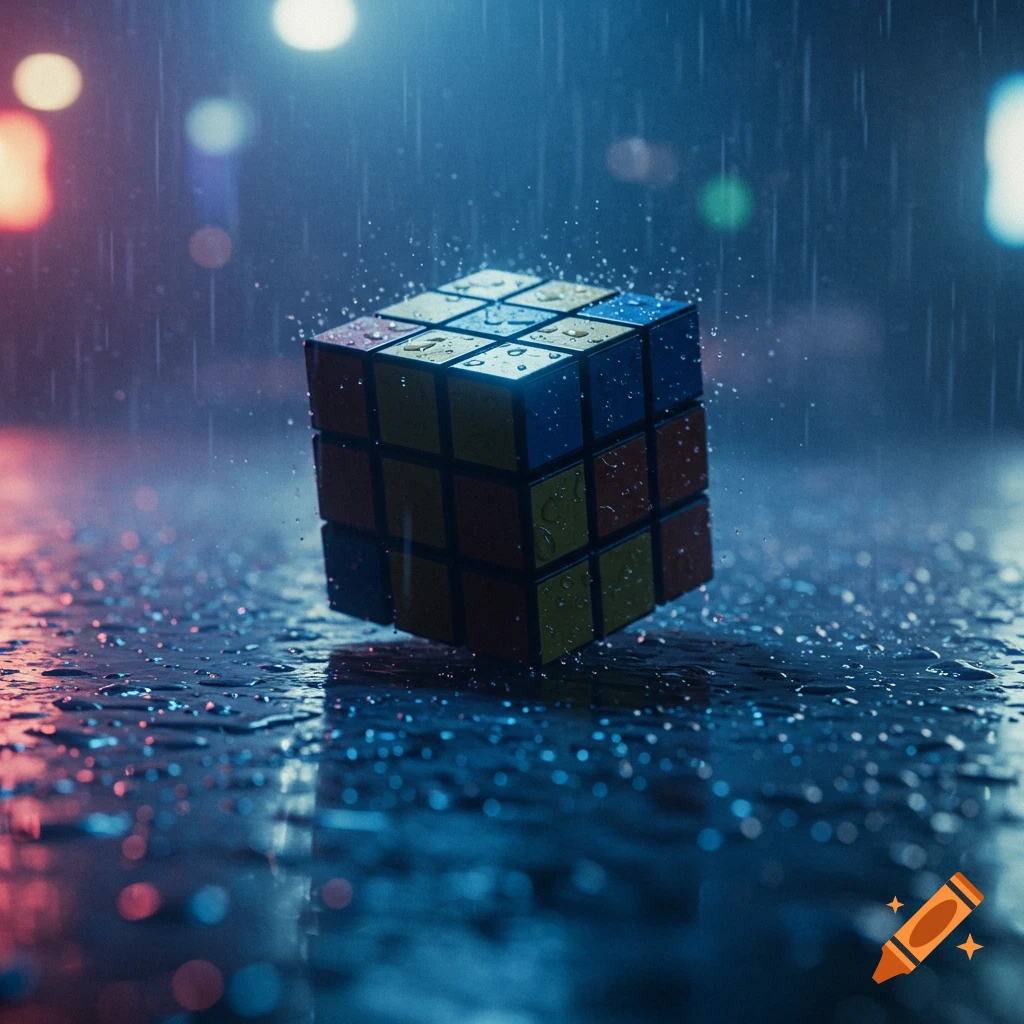 A Rubik's cube sits on a wet surface with rain falling, illuminated by blue and red neon lights.