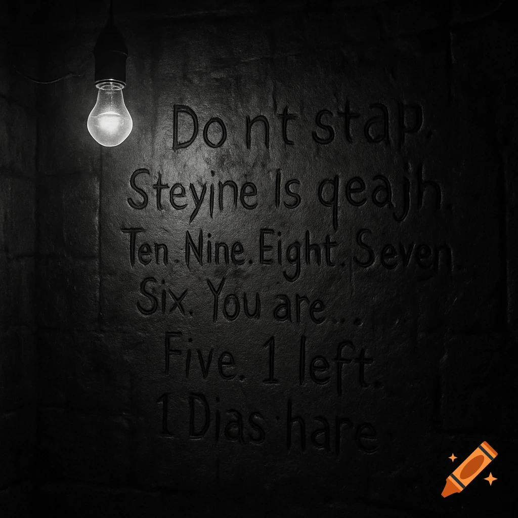 A single glowing light bulb illuminates a dark, textured wall with nonsensical text scratched into its surface.