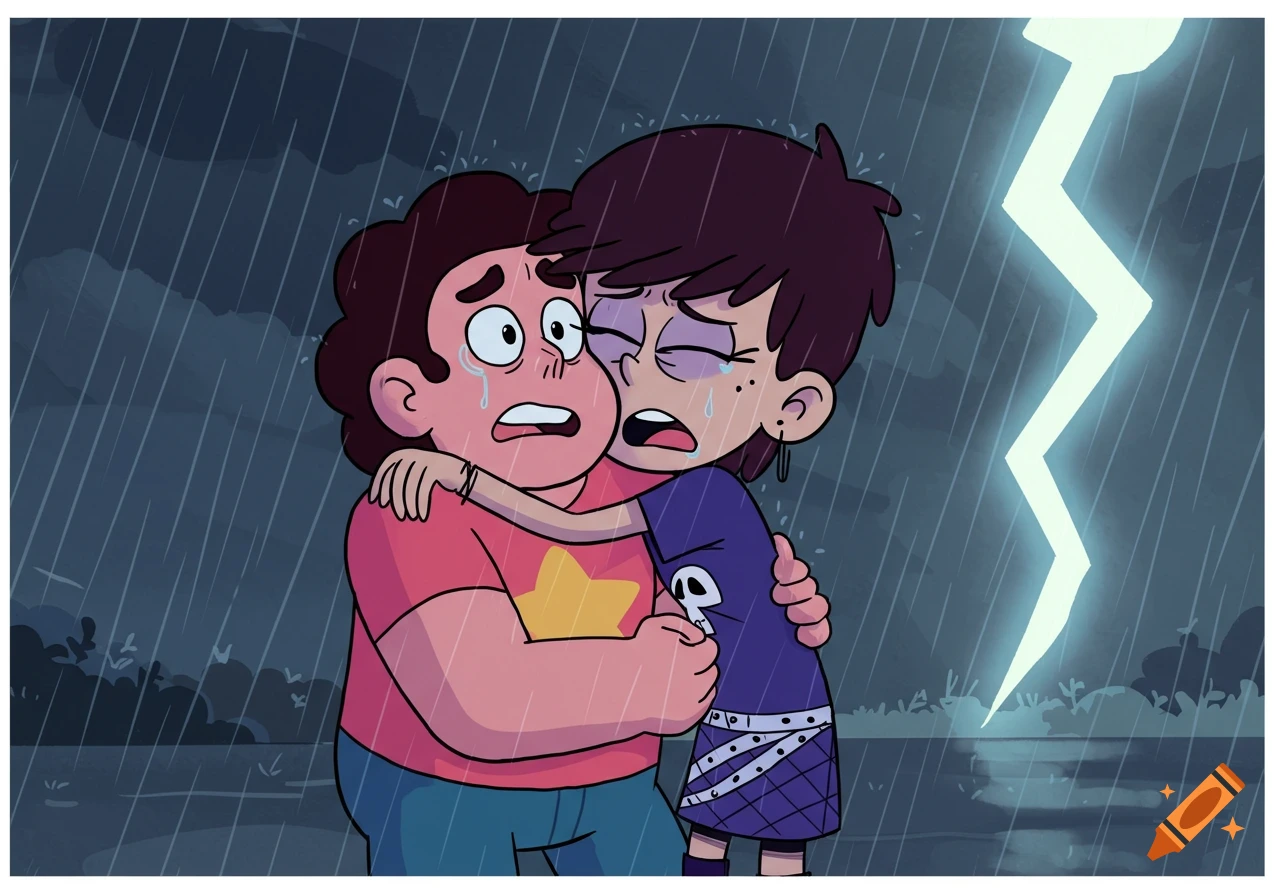 Cartoon of Steven Universe comforting a crying Luna Loud during a rainy thunderstorm with lightning.