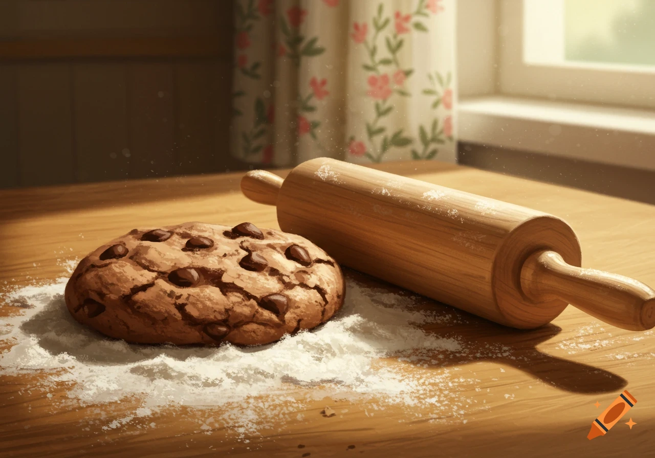 A close-up illustration of a chocolate chip cookie and a wooden rolling pin dusted with flour on a wooden table, with a window and floral curtain in the background.