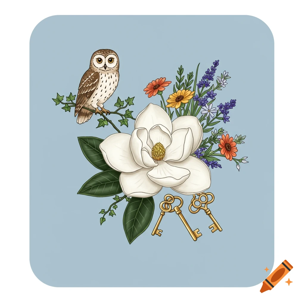 An illustration of a brown owl perched on ivy, a white magnolia, colorful wildflowers, and two golden keys on a light blue background.