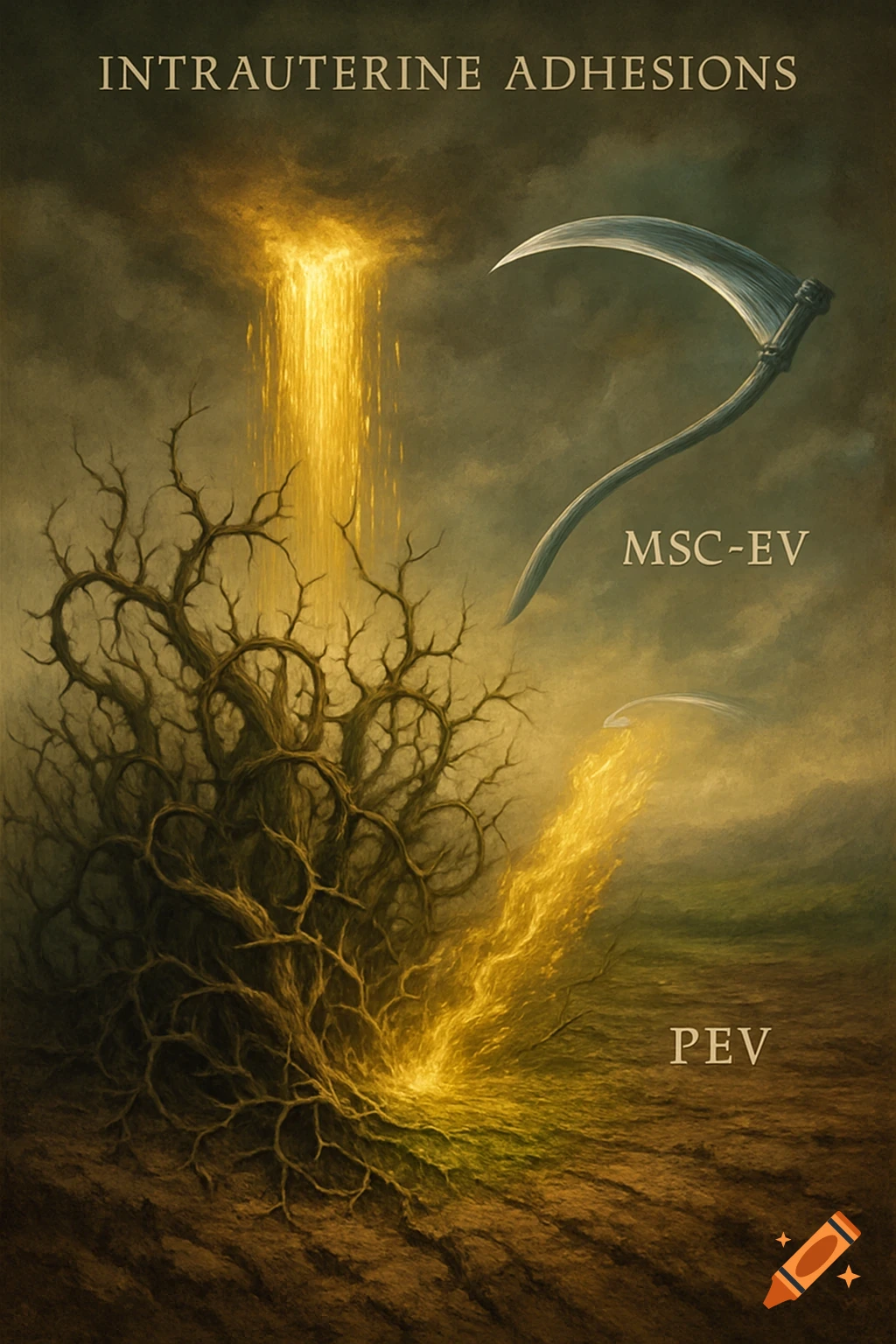 A dark, symbolic painting depicts a gnarled tree under a golden light, a floating scythe labeled "MSC-EV", and a light beam labeled "PEV" on barren ground. "INTRAUTERINE ADHESIONS" is at the top.