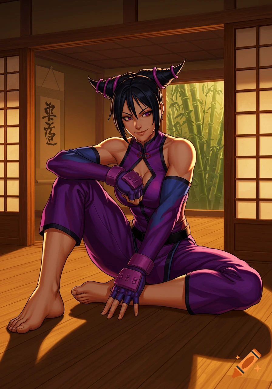 Juri from Street Fighter sits barefoot on a wooden floor in a traditional Japanese room with bamboo outside, looking at the viewer.