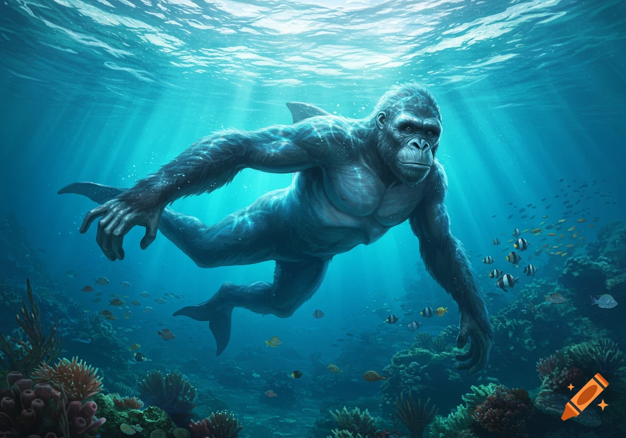 An ape-dolphin hybrid creature with fins and flippers swims underwater amidst coral and fish.