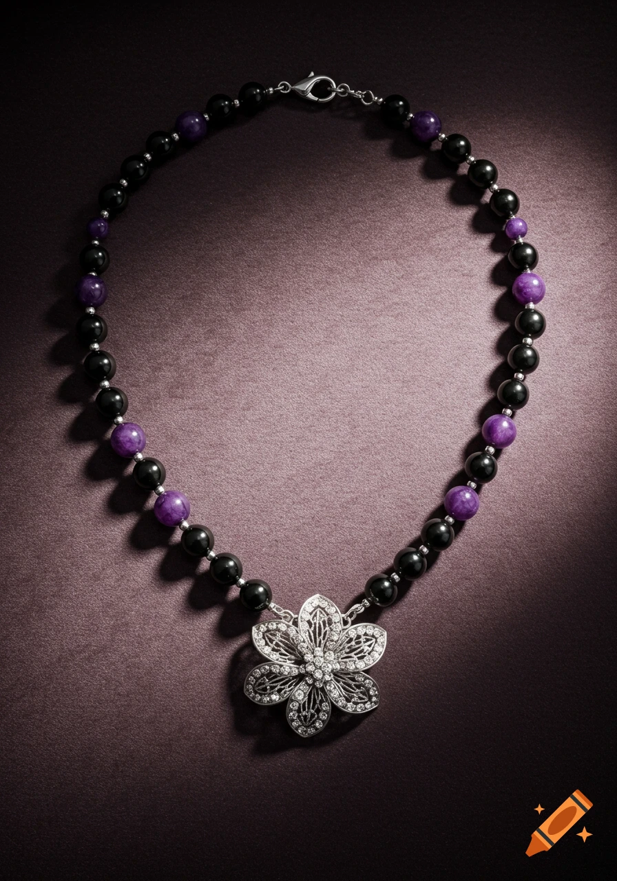 A necklace with black and purple beads and a silver, gem-studded flower pendant, on a dark reddish-brown surface.