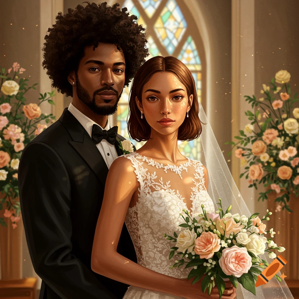 A stylized portrait of a mixed-race wedding couple. The man with afro hair wears a tuxedo, the woman in a lace wedding dress holds a bouquet.