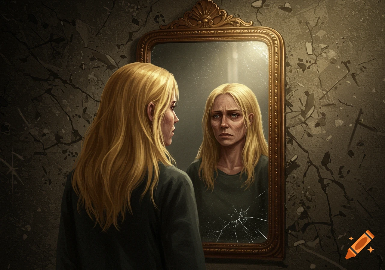 A blonde woman looks into a cracked mirror, seeing an older, distressed version of herself in the reflection. Digital art.