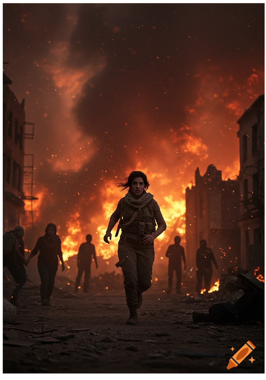 A young female resistance fighter runs through a burning, war-torn city at dawn, with smoke and fire engulfing buildings and blurred figures in the background.